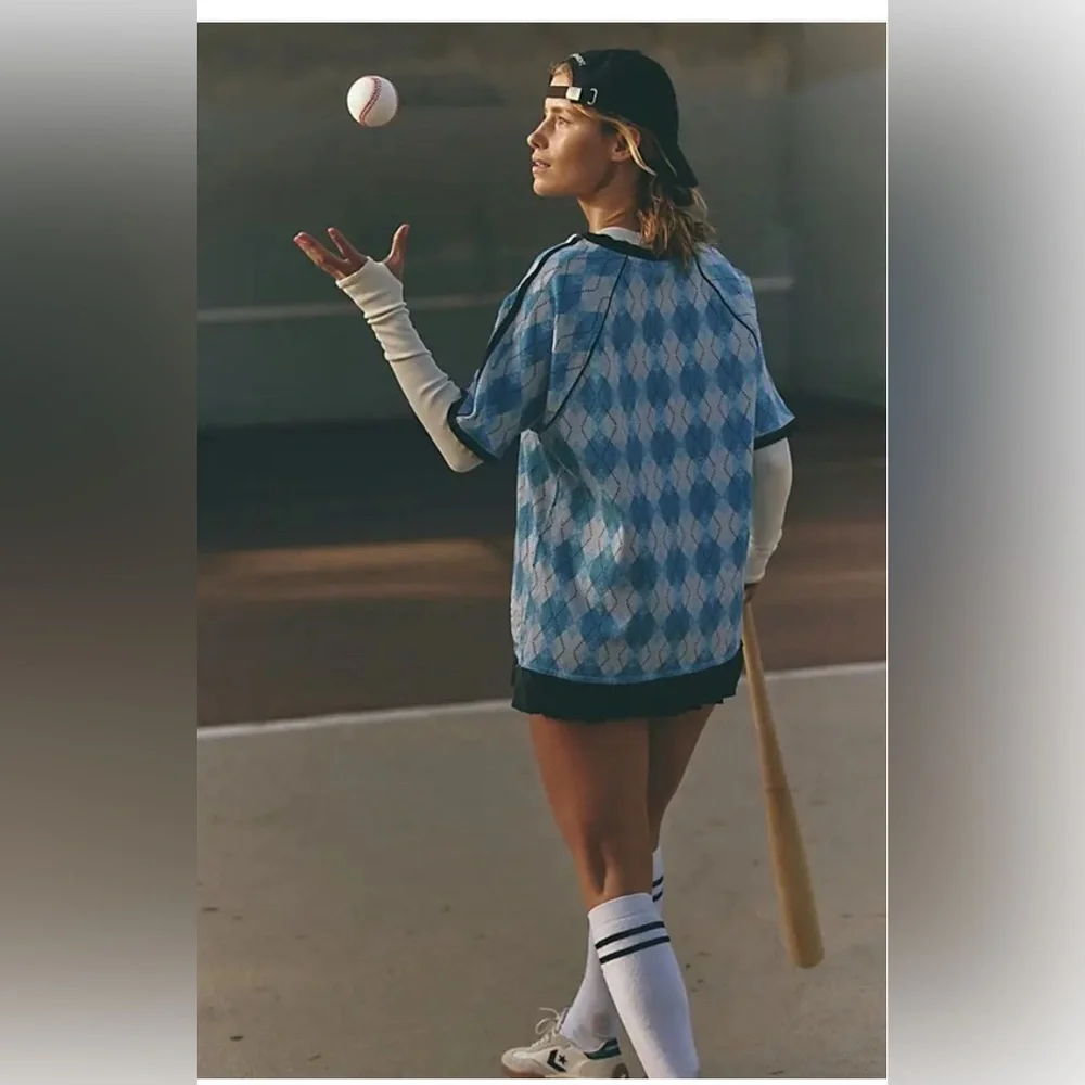 Free people movement Baseline Printed Tee. NWT. Light blue argyle - Picture 3 of 4